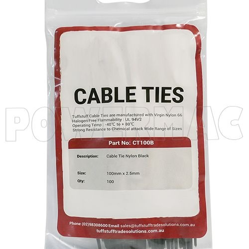 100mm x 2.5mm Nylon Cable Ties - Black 100pk