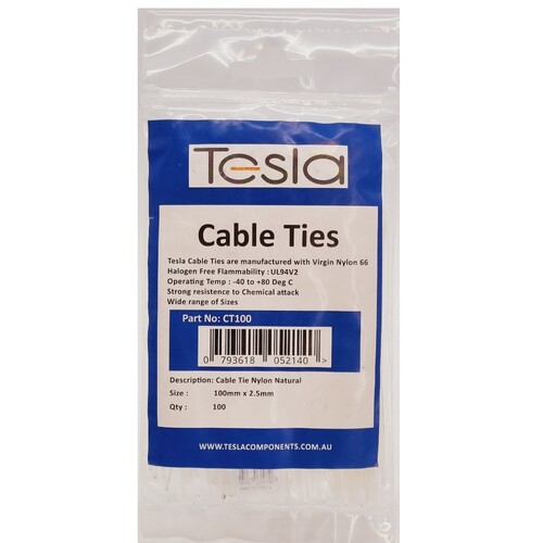 100mm x 2.5mm Nylon Cable Tie - Natural 100pk