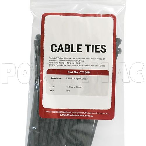 150mm x 3.6mm Nylon Cable Ties Black - 100pk