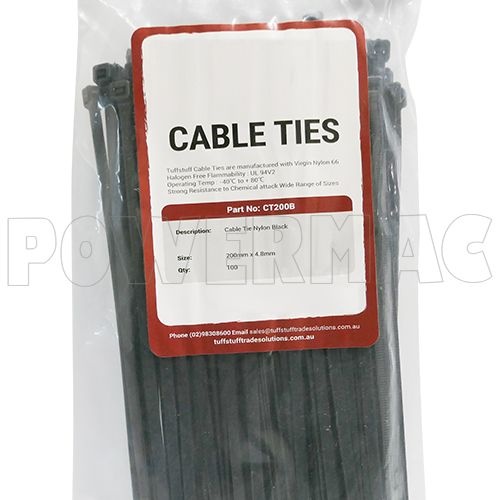 200mm x 4.8mm Cable Tie Nylon Black - 100pk