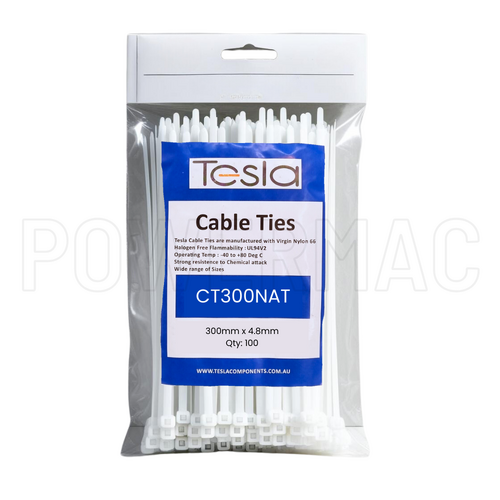 300mm x 4.8mm Nylon Cable Tie - Natural 100pk