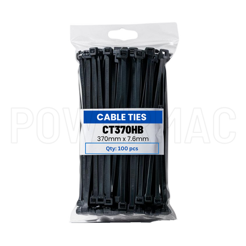 370mm x 7.6mm Cable Tie Nylon Black - 100pk