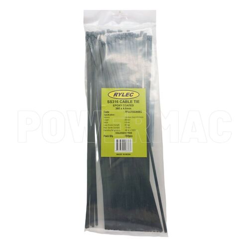 360mm x 4.6mm Cable Tie Stainless Steel 316 Epoxy Coated - Black 100pk