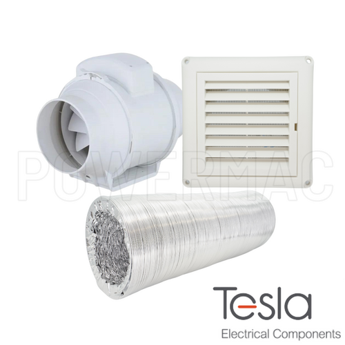 Tesla 100mm In-line Fan Kit with Grille + 6m Duct
