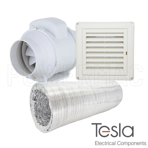 Tesla 125mm In-line Fan Kit with Grille + 6m Duct