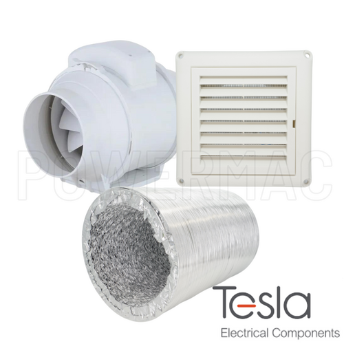 Tesla 150mm In-line Fan Kit with Grille + 6m Duct