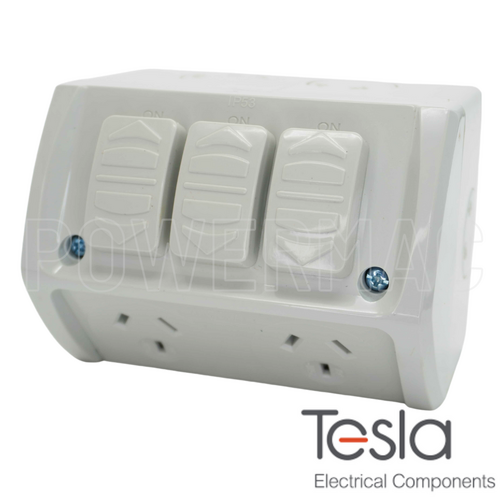 Tesla Double Weatherproof GPO with Extra Switch