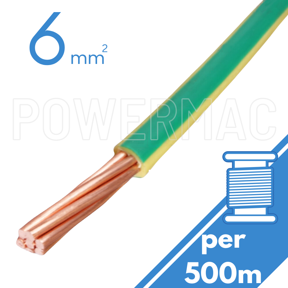 6mm Building Wire 1C V90 PVC 1KV Earth G-Y - Various Cable Brands