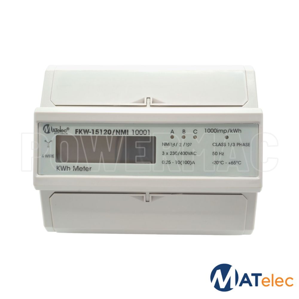 3 Phase 100A Kilowatt Hour Meter, Digital, Din Rail Mount, NMI Approved