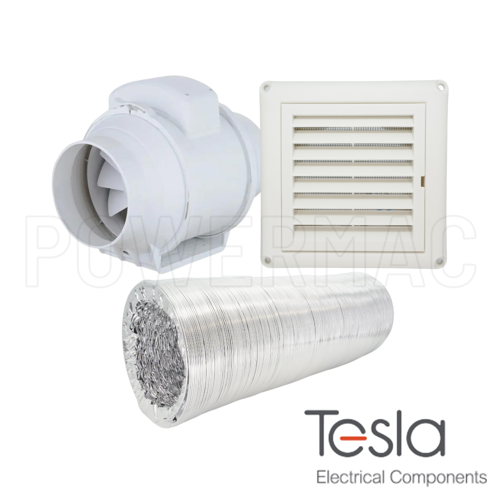 Tesla 100mm In-line Fan Kit with Grille + 6m Duct